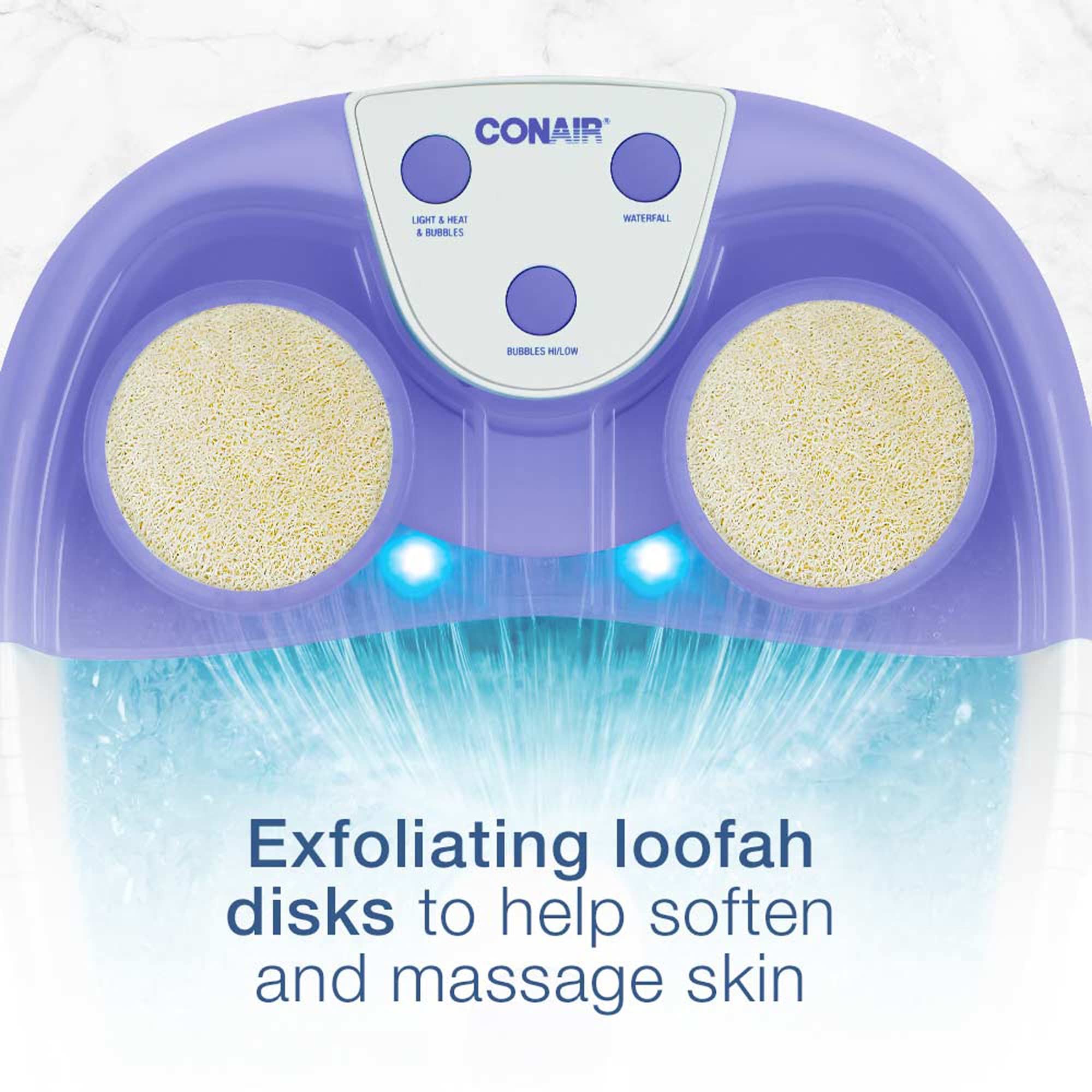 Conair Waterfall Pedicure Foot Spa Bath with Blue LED Lights, Massaging Bubbles and Massage Rollers, Purple/White